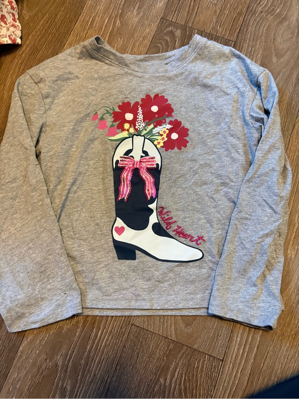 Kids Gray Long-Sleeve Tee with Floral Cowboy Boot Graphic